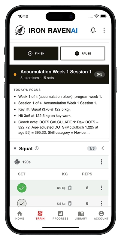 Iron Raven powerlifting app showing a bespoke training programme