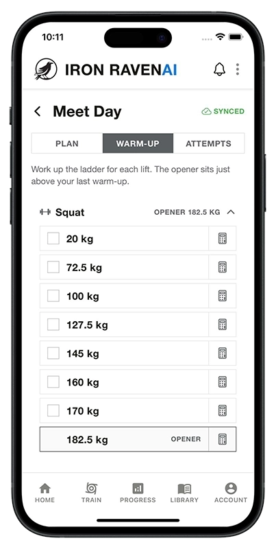 Iron Raven app guided warm-up sets
